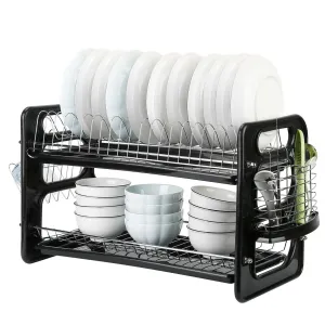 2-Tier Iron Drying Rack Set: Large Storage, Anti-Rust Drainer, Tableware & Cup Holder. Perfect for Kitchen Counter!