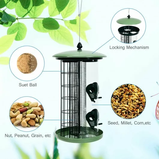 3 in 1 Metal Hanging Wild Bird Feeder Outdoor with 4 Feeding Ports and Perches