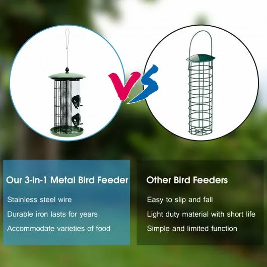 3 in 1 Metal Hanging Wild Bird Feeder Outdoor with 4 Feeding Ports and Perches