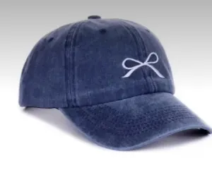 Accessories- Navy Ribbon Embroidery Washed Bow Cap