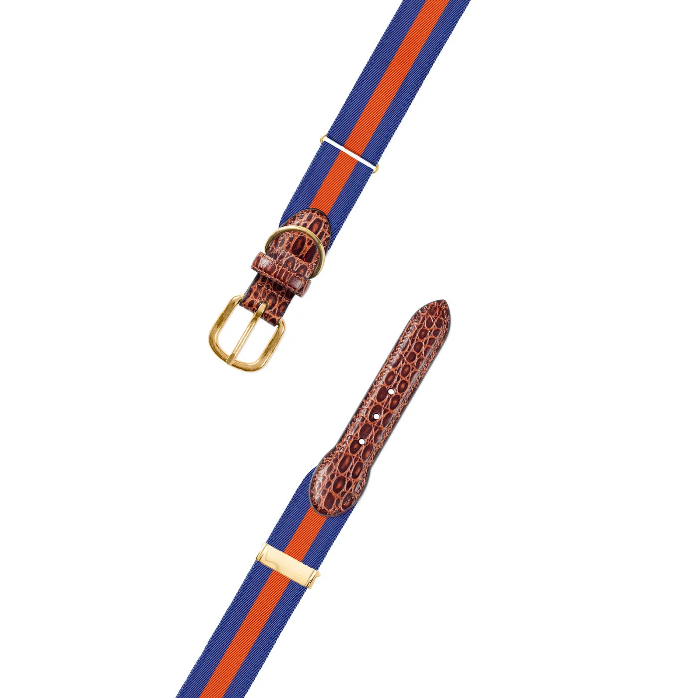 Adjustable Blue & Orange Grosgrain Dog Collar with Embossed Calf Tabs