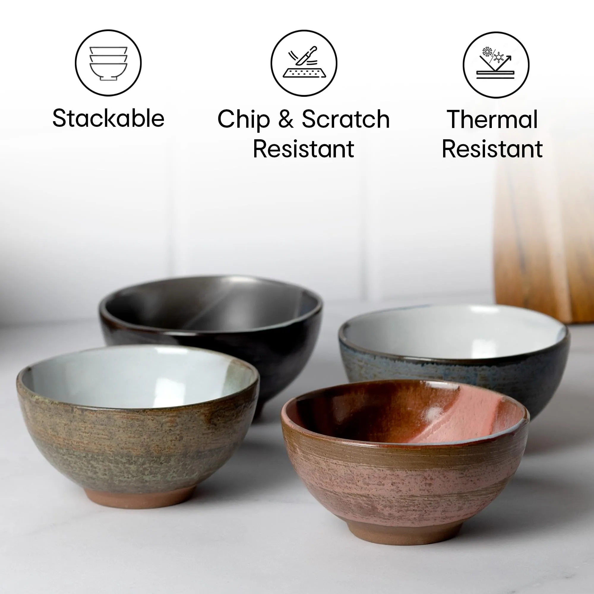 Anko Hand Glazed Mini Bowls - Set of 4 | Terracotta Designer Dessert Cup for Serving Ice Cream, Sundaes, Sweets, Snacks, Fruits, Pudding | Kitchen Bowl for Hot & Cold Meals | Pink, Grey, Brown, Rose