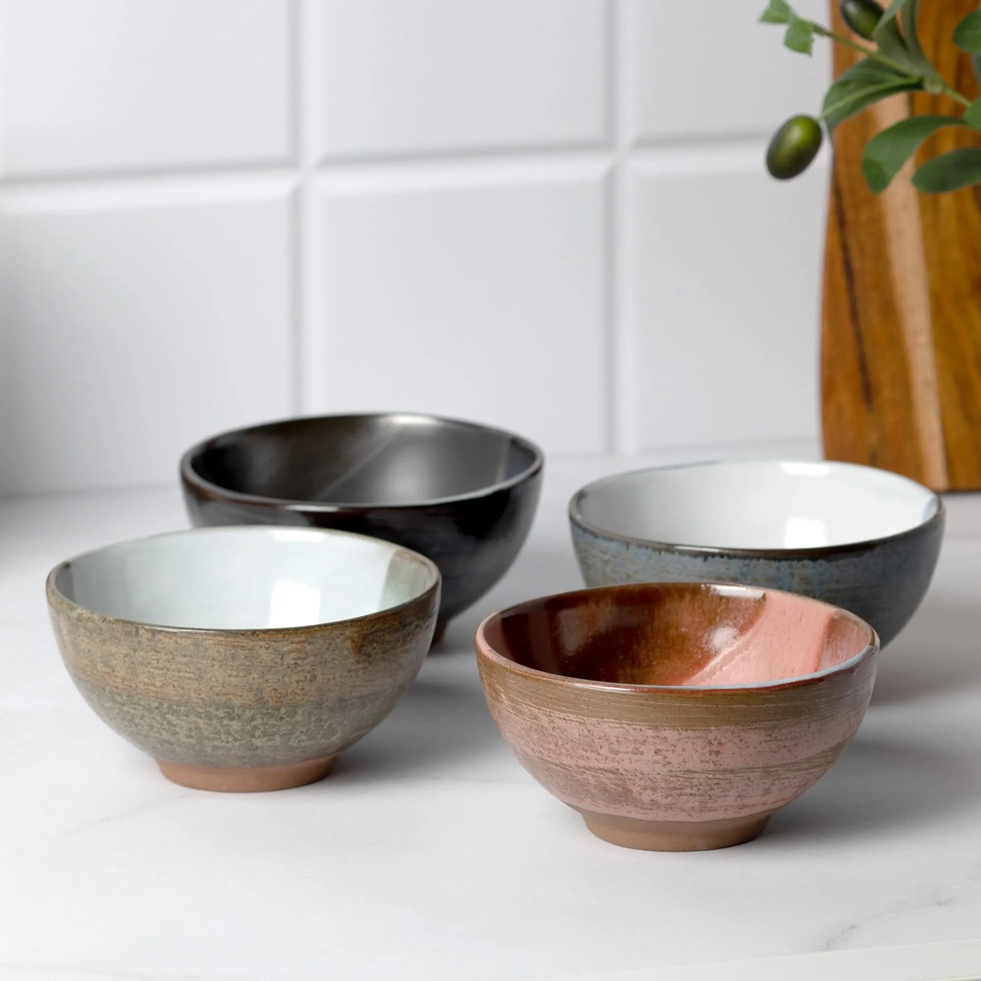 Anko Hand Glazed Mini Bowls - Set of 4 | Terracotta Designer Dessert Cup for Serving Ice Cream, Sundaes, Sweets, Snacks, Fruits, Pudding | Kitchen Bowl for Hot & Cold Meals | Pink, Grey, Brown, Rose