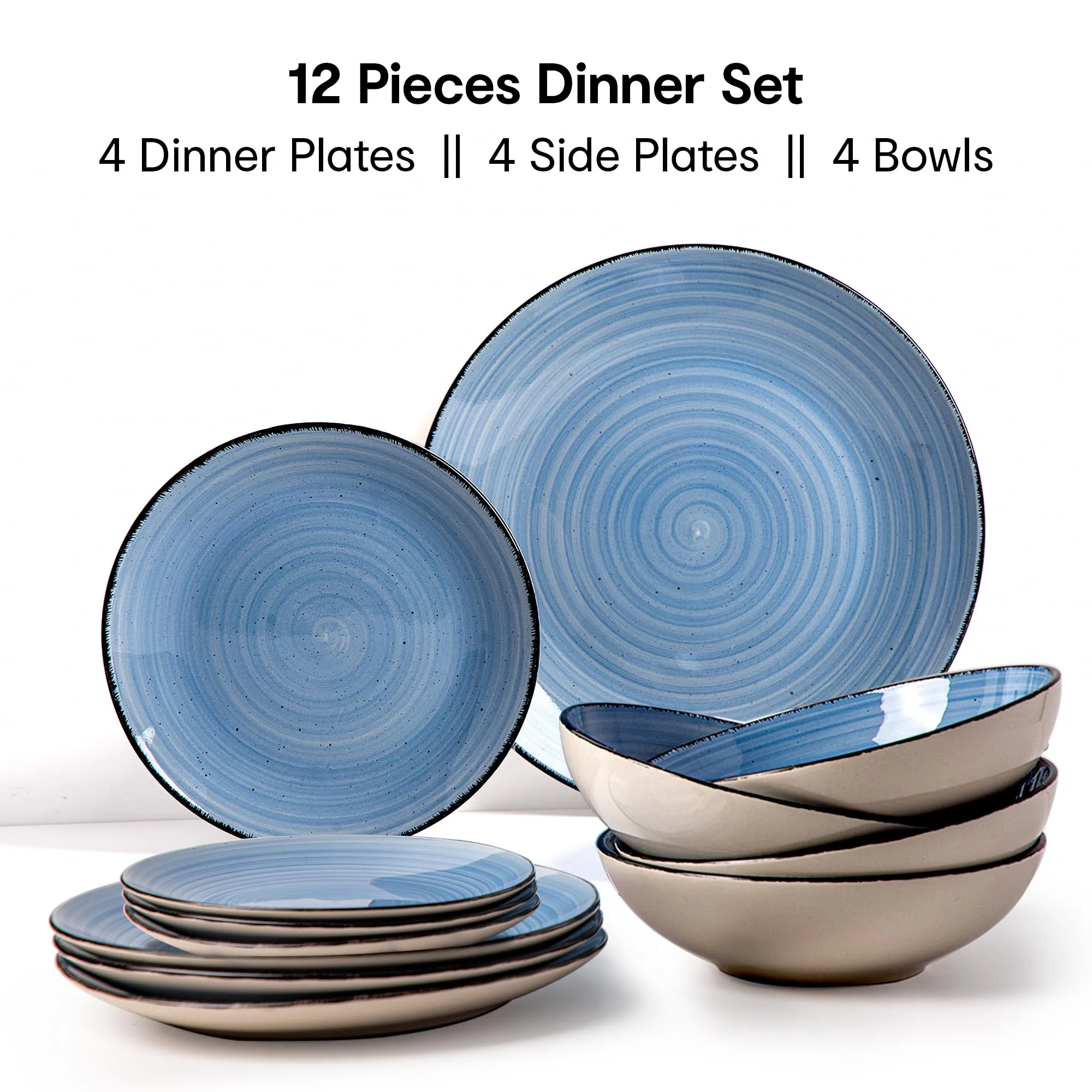 Anko Tapa 12 Pieces Dinner Set | Premium Crockery for Dining Table| Lead & Cadmium Free, Microwave & Dishwasher Safe| Stoneware| Matt Glaze Finish | 4 Dinner Plates, 4 Side Plates, 4 Bowls | Blue