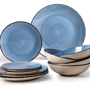 Anko Tapa 12 Pieces Dinner Set | Premium Crockery for Dining Table| Lead & Cadmium Free, Microwave & Dishwasher Safe| Stoneware| Matt Glaze Finish | 4 Dinner Plates, 4 Side Plates, 4 Bowls | Blue