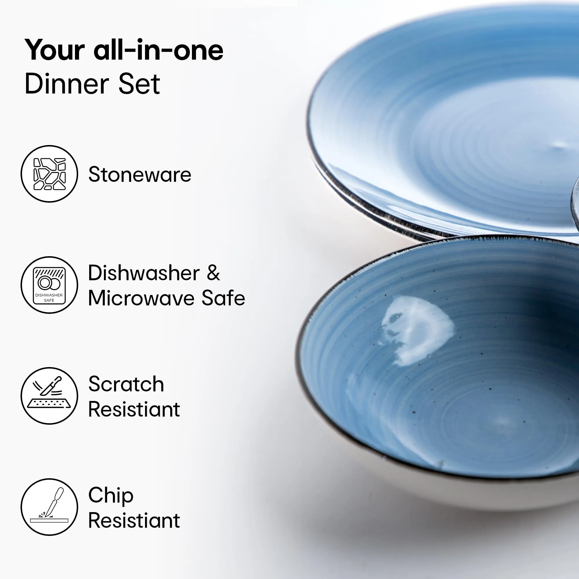 Anko Tapa 12 Pieces Dinner Set | Premium Crockery for Dining Table| Lead & Cadmium Free, Microwave & Dishwasher Safe| Stoneware| Matt Glaze Finish | 4 Dinner Plates, 4 Side Plates, 4 Bowls | Blue