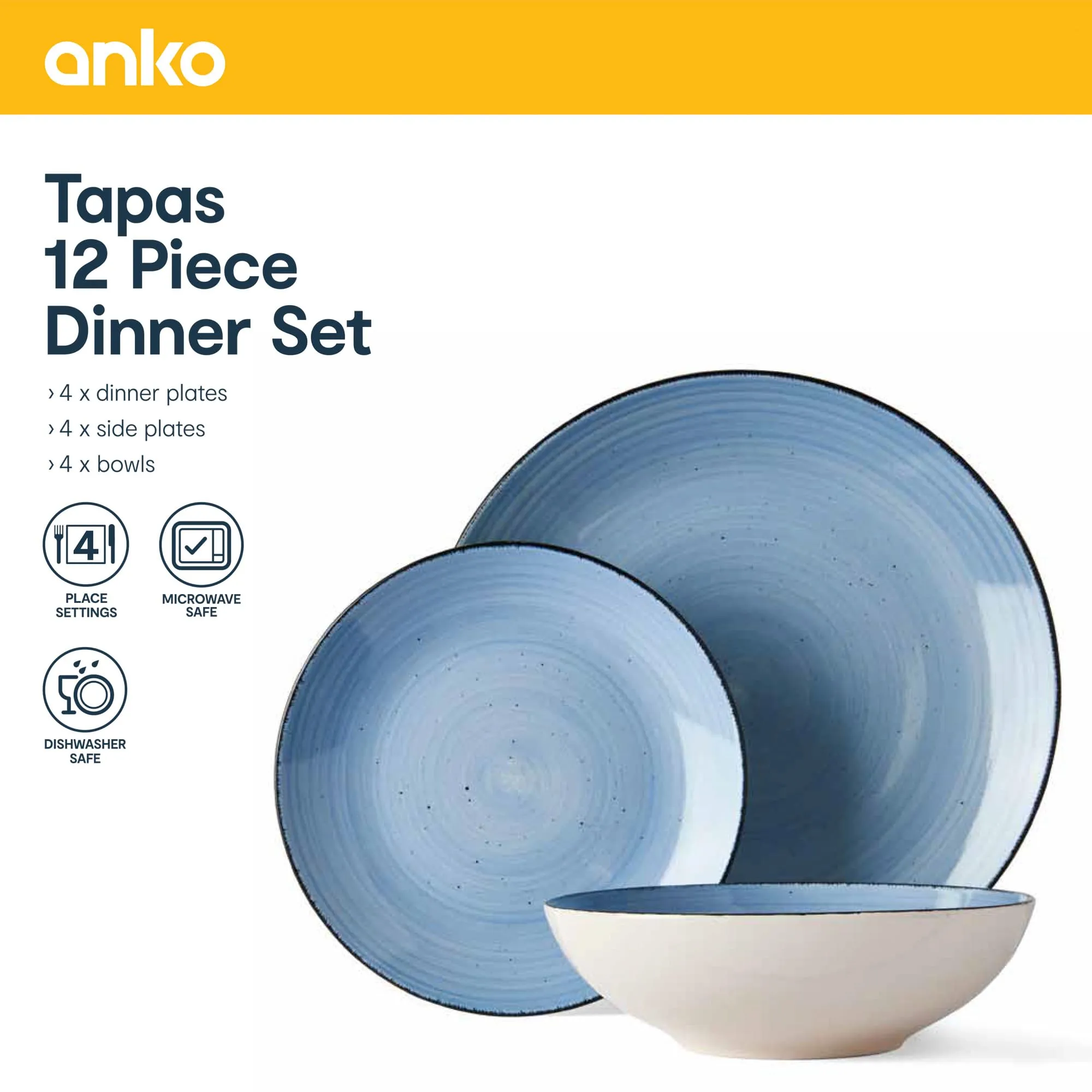 Anko Tapa 12 Pieces Dinner Set | Premium Crockery for Dining Table| Lead & Cadmium Free, Microwave & Dishwasher Safe| Stoneware| Matt Glaze Finish | 4 Dinner Plates, 4 Side Plates, 4 Bowls | Blue