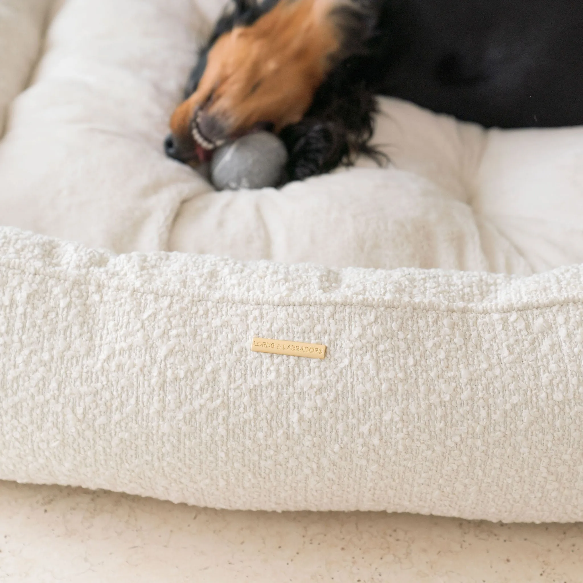 Box Bed With Removable Covers in Ivory Bouclé by Lords & Labradors