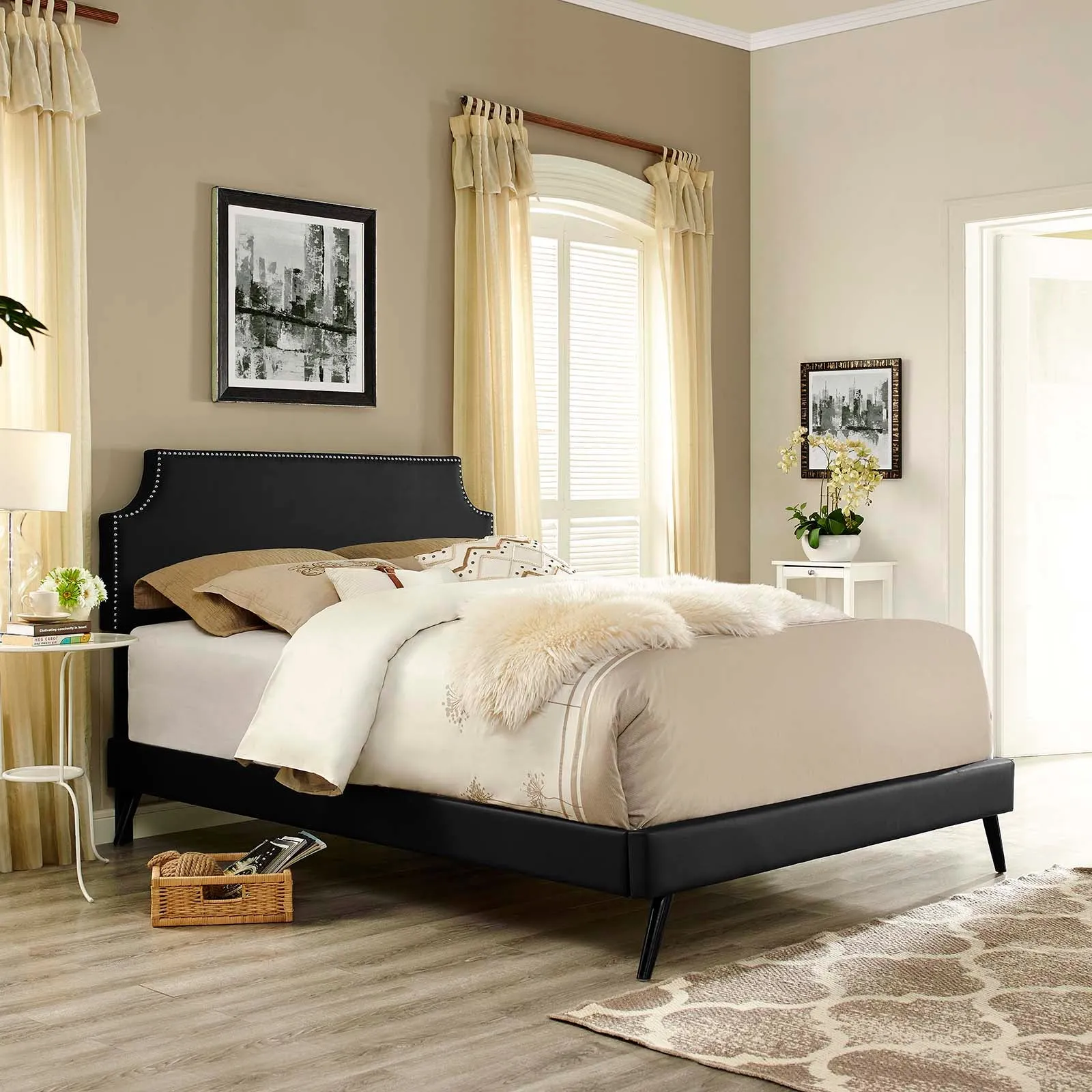 Corene Vinyl Platform Bed with Round Splayed Legs