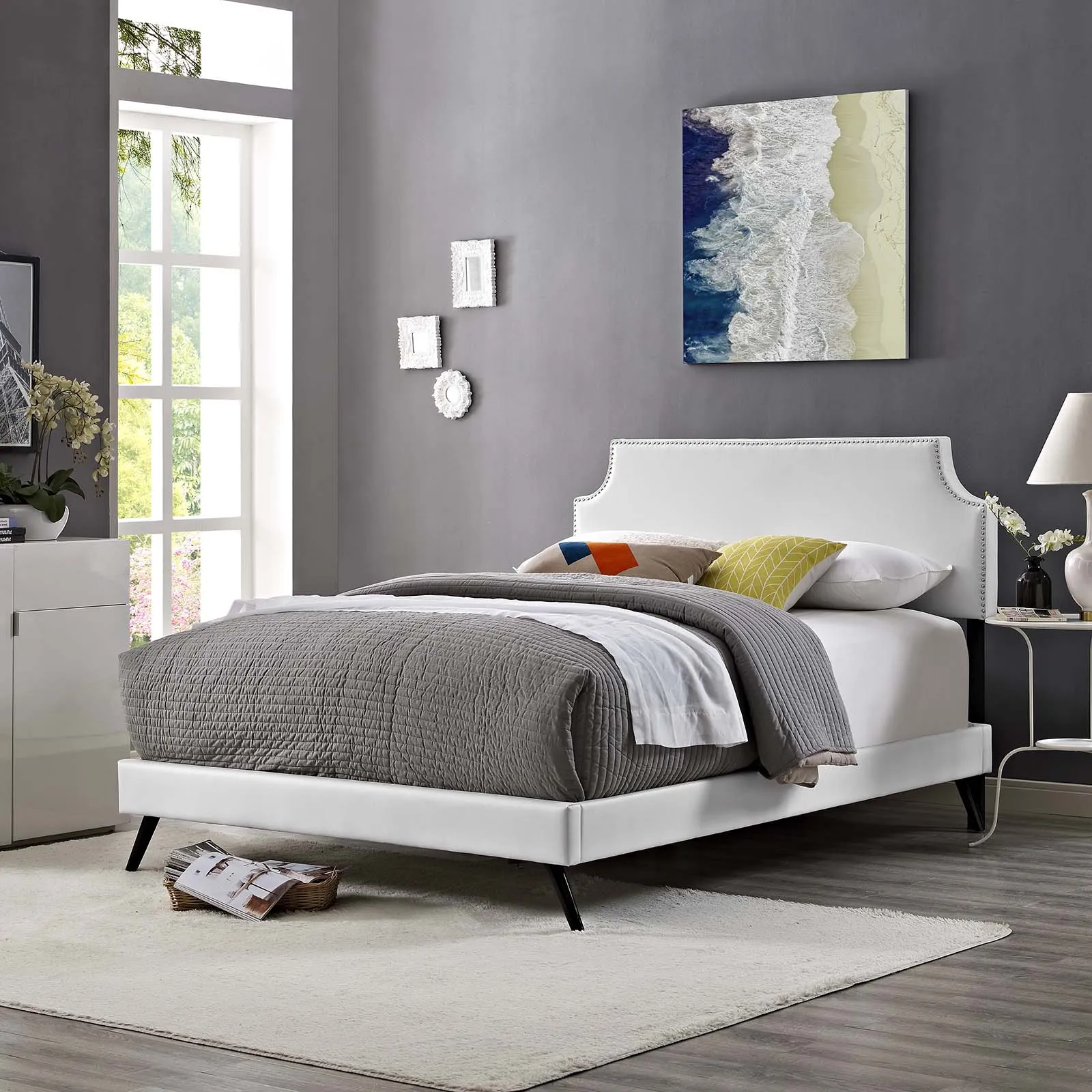 Corene Vinyl Platform Bed with Round Splayed Legs