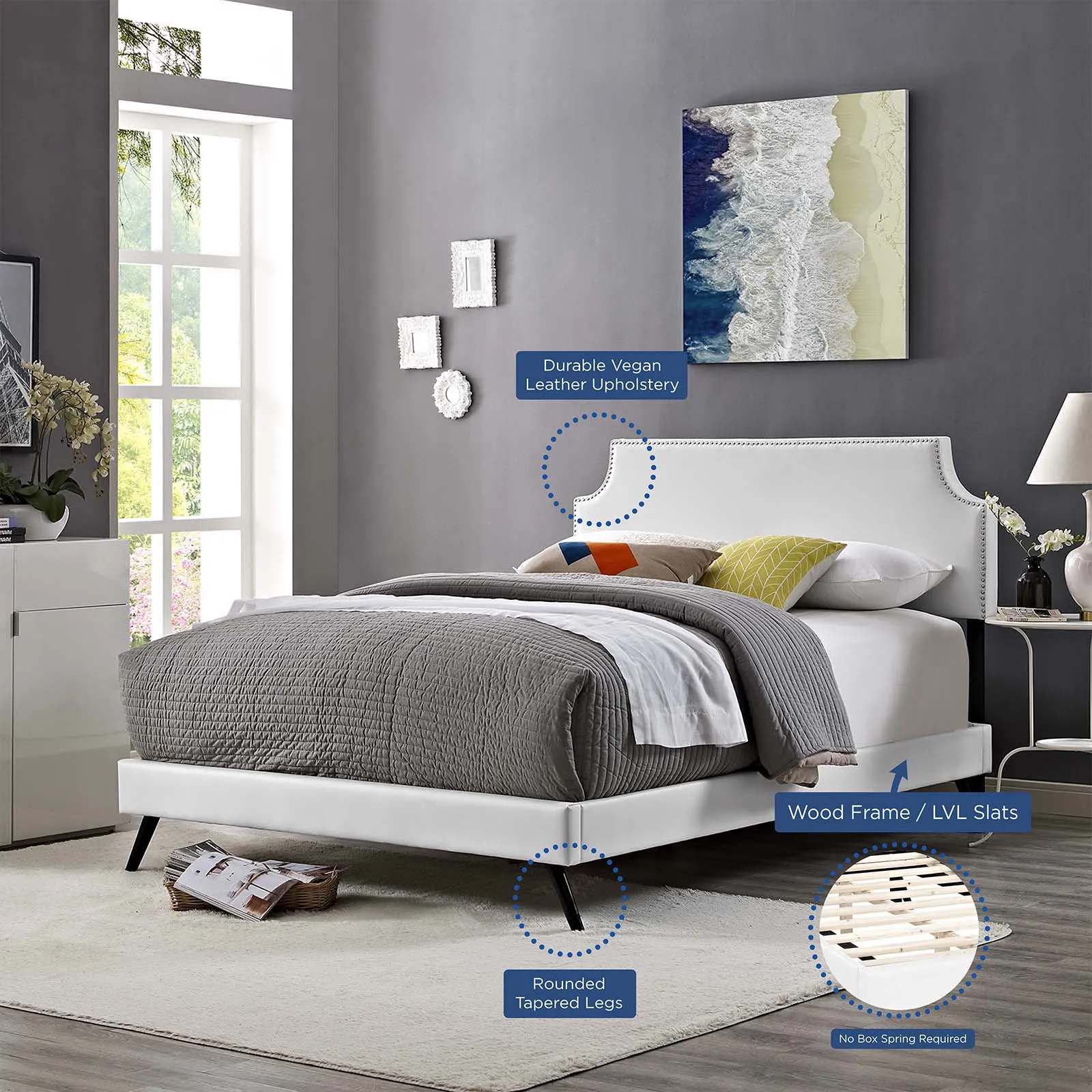 Corene Vinyl Platform Bed with Round Splayed Legs