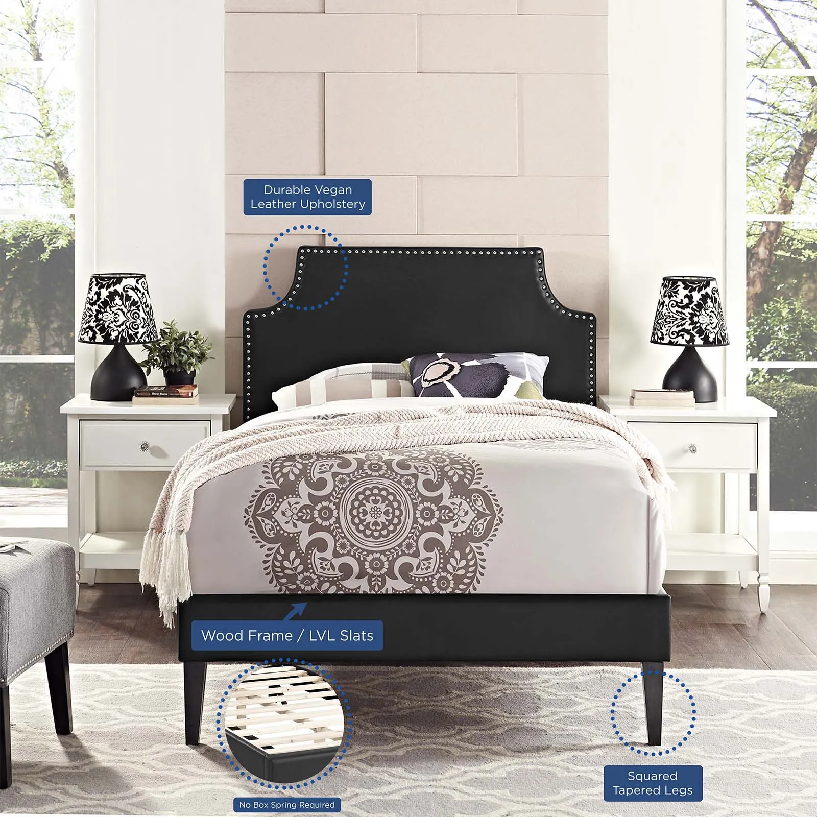 Corene Vinyl Platform Bed with Squared Tapered Legs