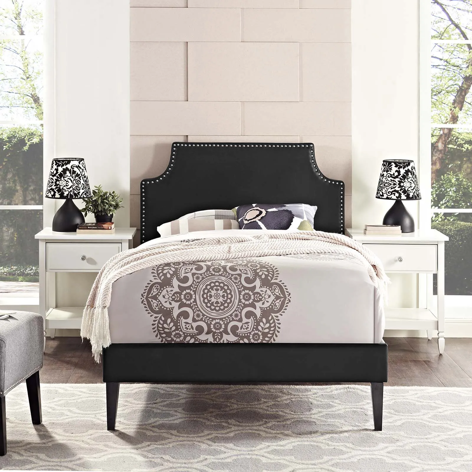 Corene Vinyl Platform Bed with Squared Tapered Legs