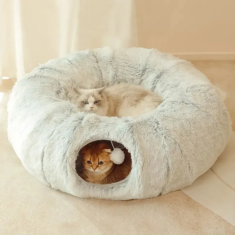 Fluffy 2 In 1 Round Tunnel Cat Bed