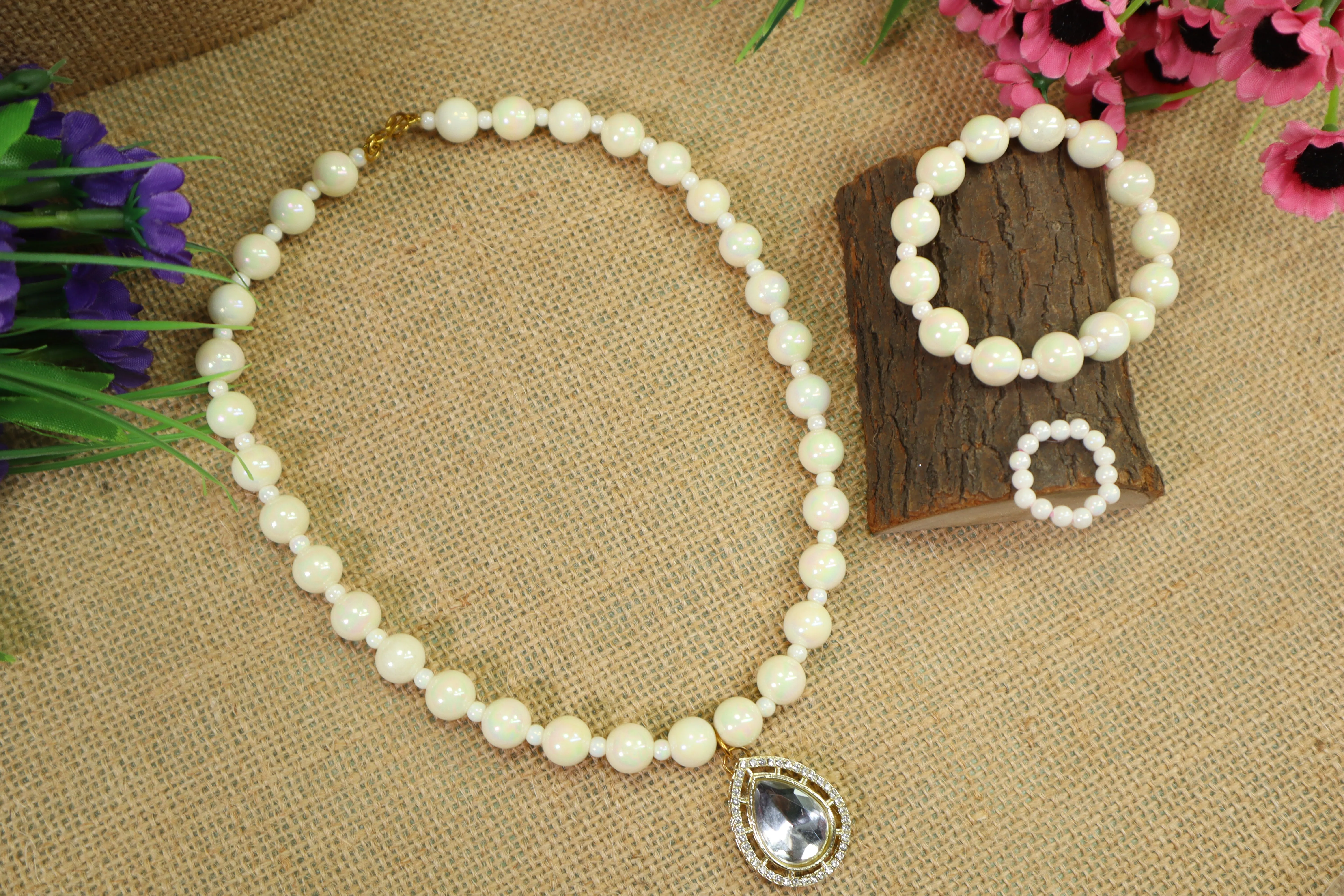 Kamule Princess Jewel Jewels Set with Bracelet And Adjustable ring - Off White and Cream