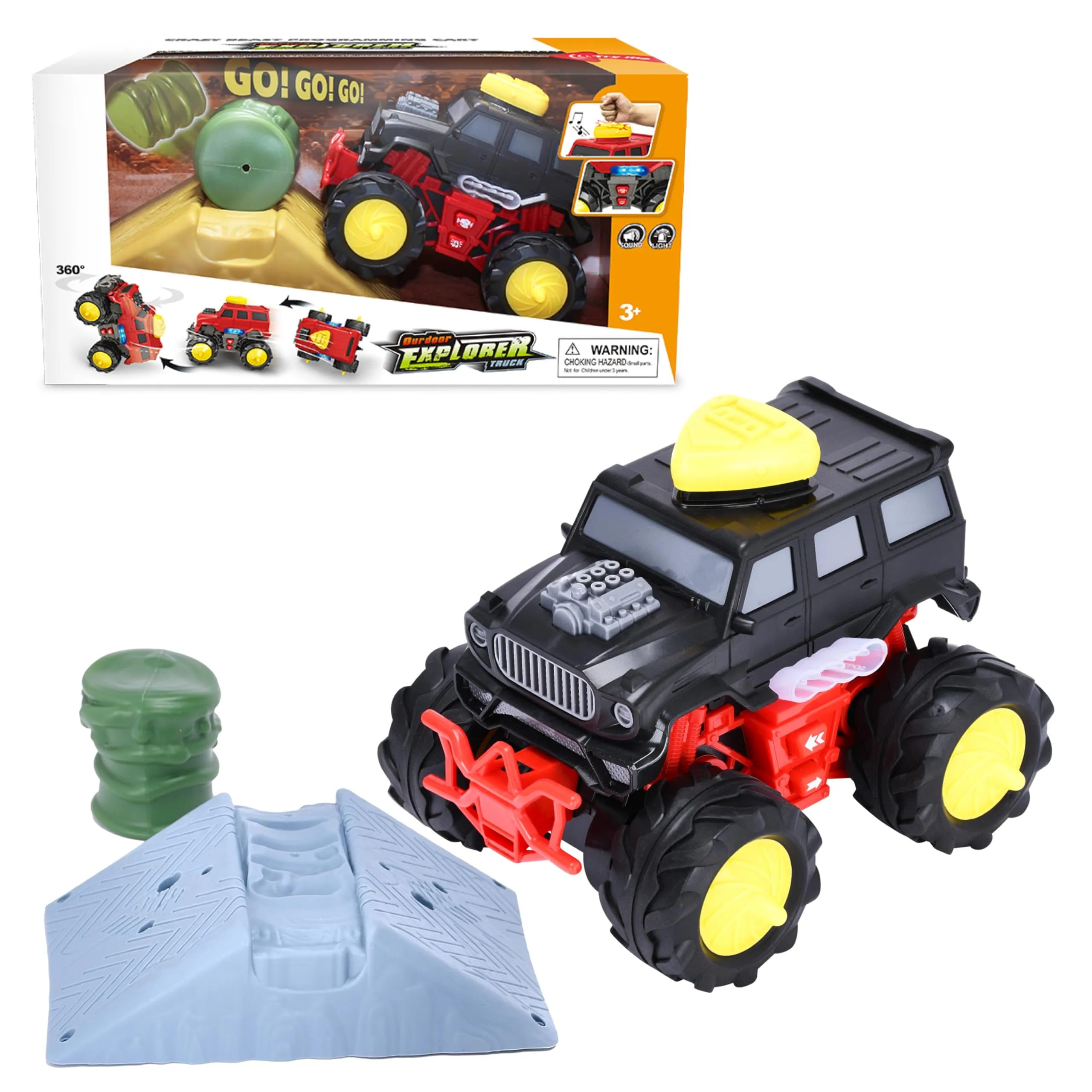 Monster Trucks For Boys - Car Set With Oil Drum And Barricade Board - 47hx53lx6