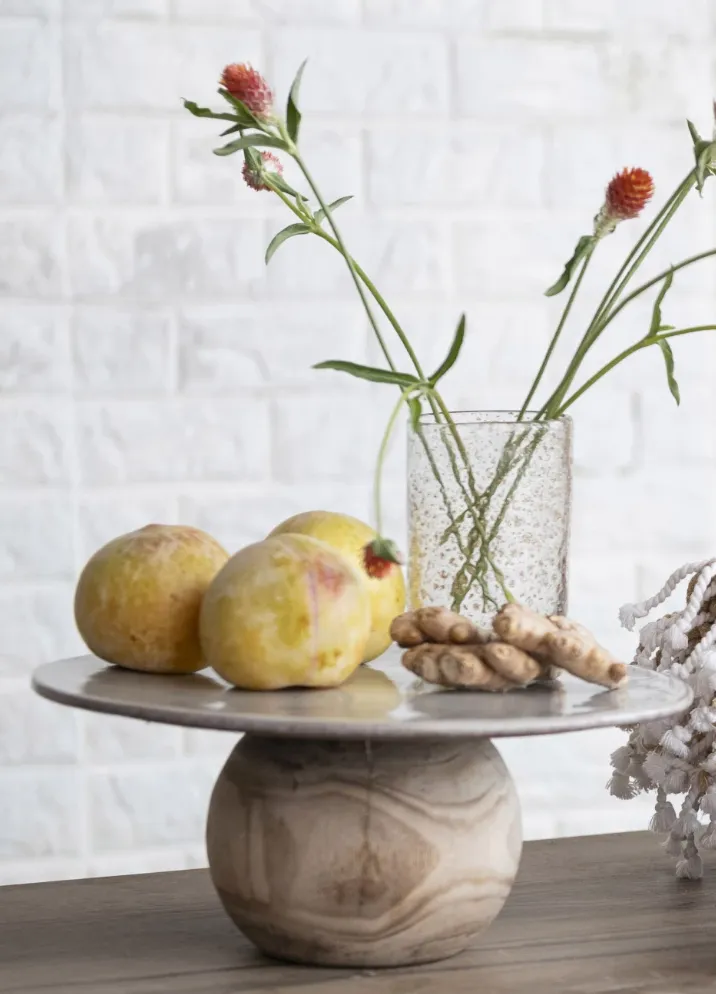 Stoneware Pedestal w/ Paulownia Wood Ball Base