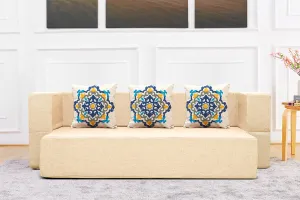 Uberlyfe New Age Folding Sofa Bed, Beige | 3 Seater | 3 Cushions- Blue Medallion Pattern