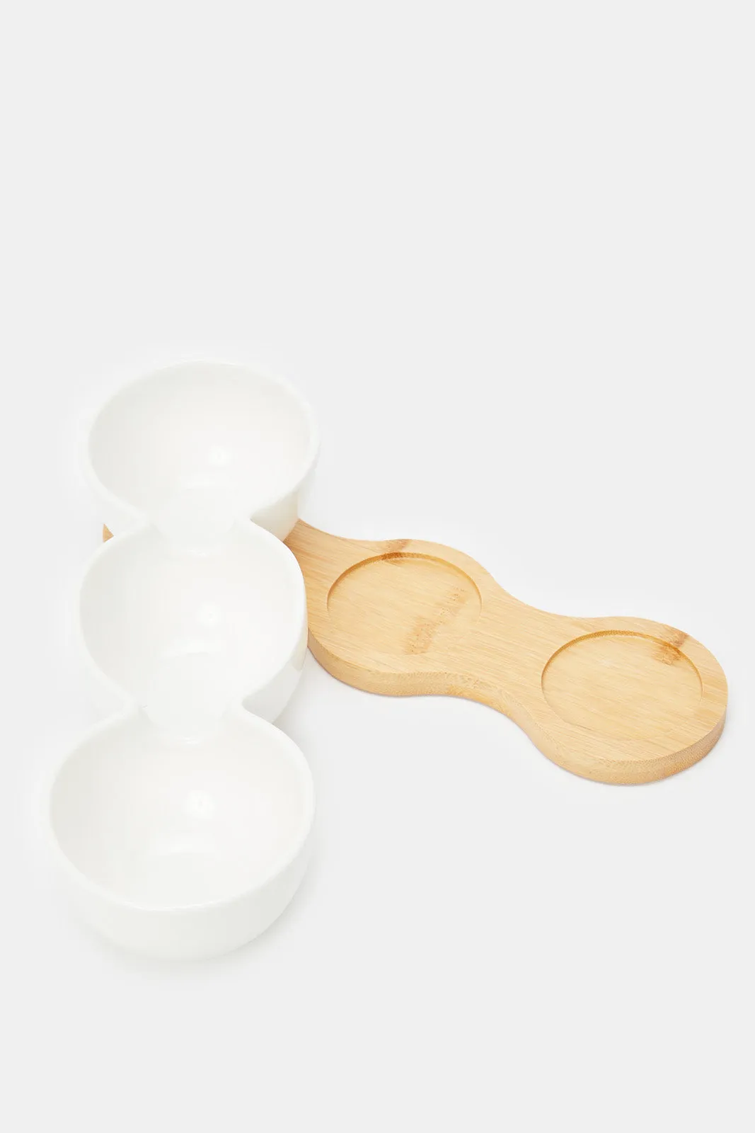 White Round Bowl With Bamboo Tray (4 Piece)