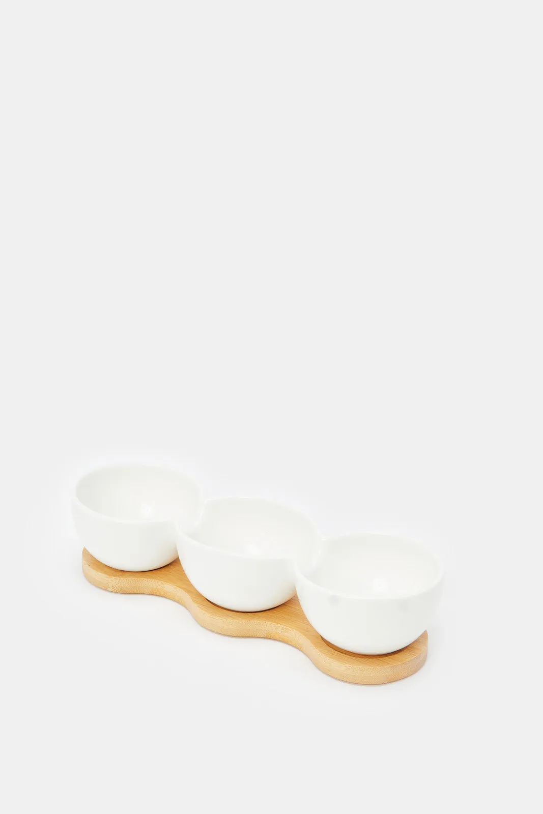 White Round Bowl With Bamboo Tray (4 Piece)