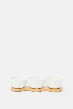 White Round Bowl With Bamboo Tray (4 Piece)